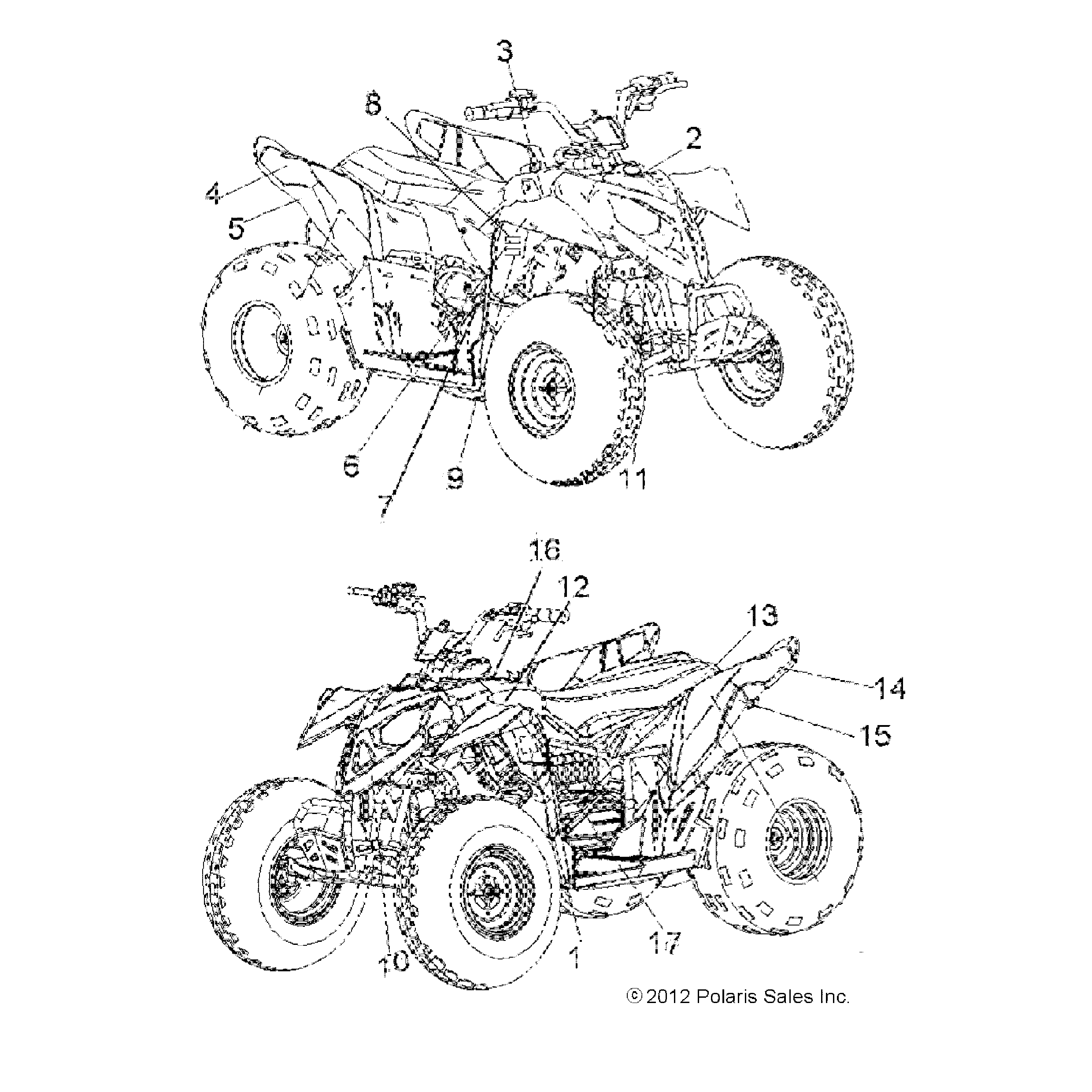 An Image of a Genuine Polaris Parts Schematic Diagram showing the schematic - BODY: DECALS - 2016 POLARIS OUTLAW 110