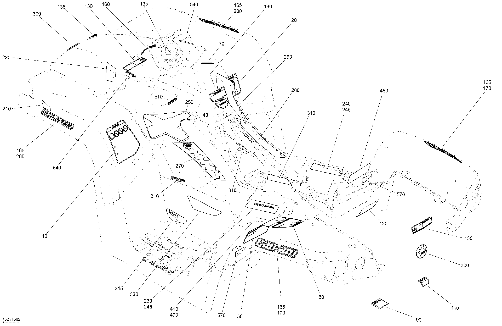 An Image of a Genuine Can-Am Parts Schematic Diagram showing the schematic - DECALS - ALL MODELS