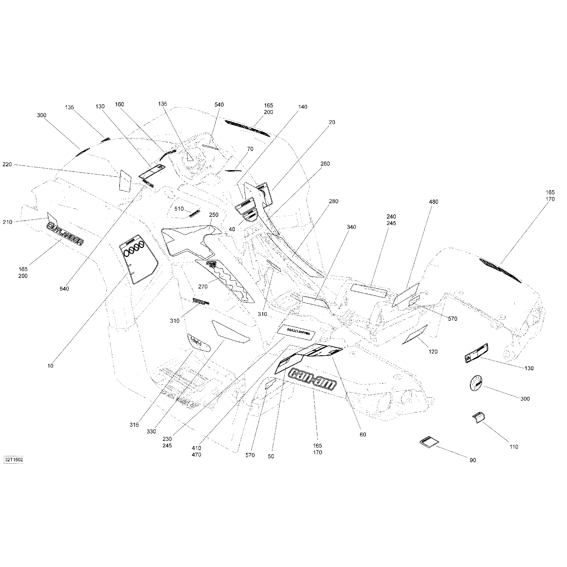 An Image of a Genuine Can-Am Parts Schematic Diagram showing the schematic - DECALS - ALL MODELS