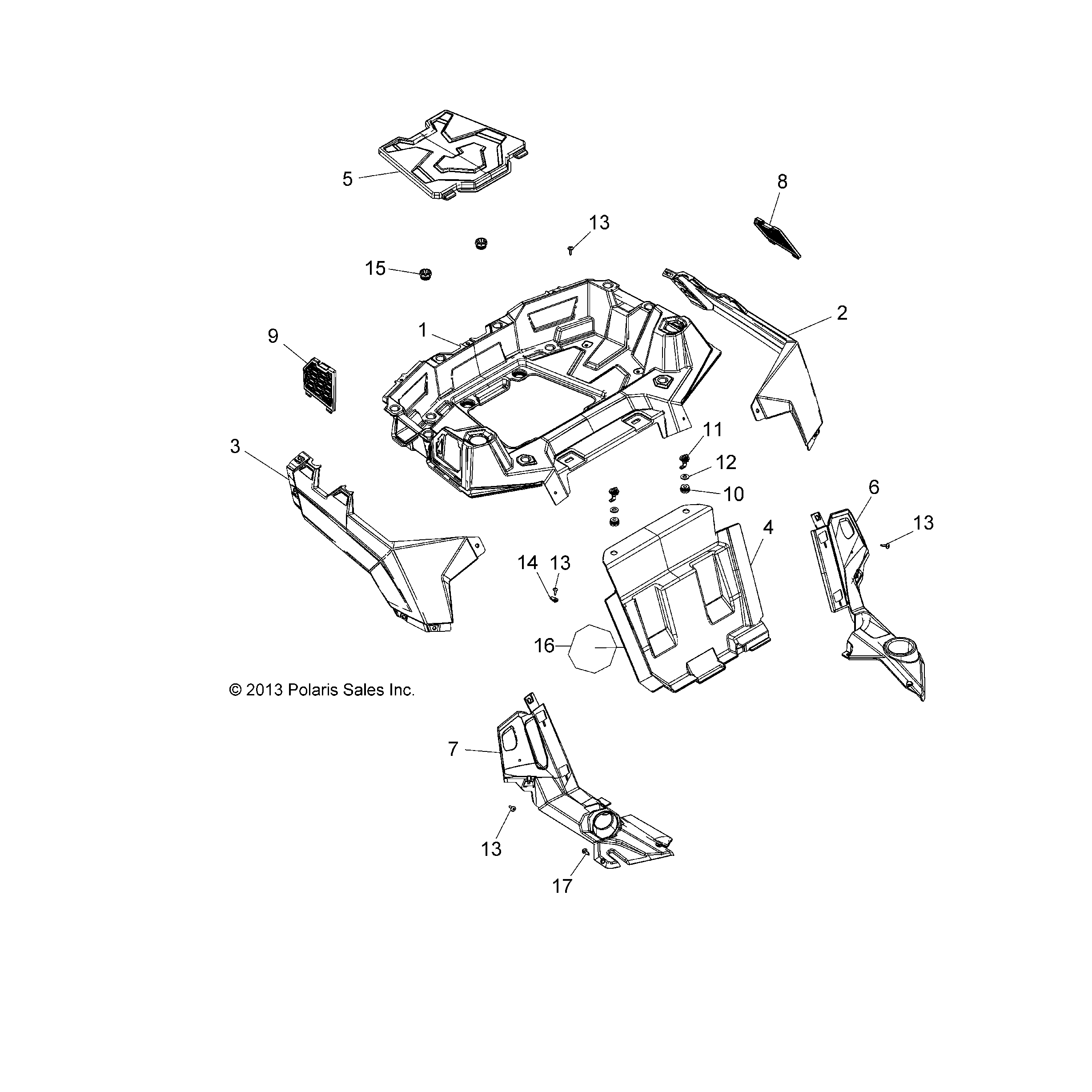 An Image of a Genuine Polaris Parts Schematic Diagram showing the schematic - BODY: REAR RACK AND FENDERS - 2016 POLARIS ACE 570 EFI