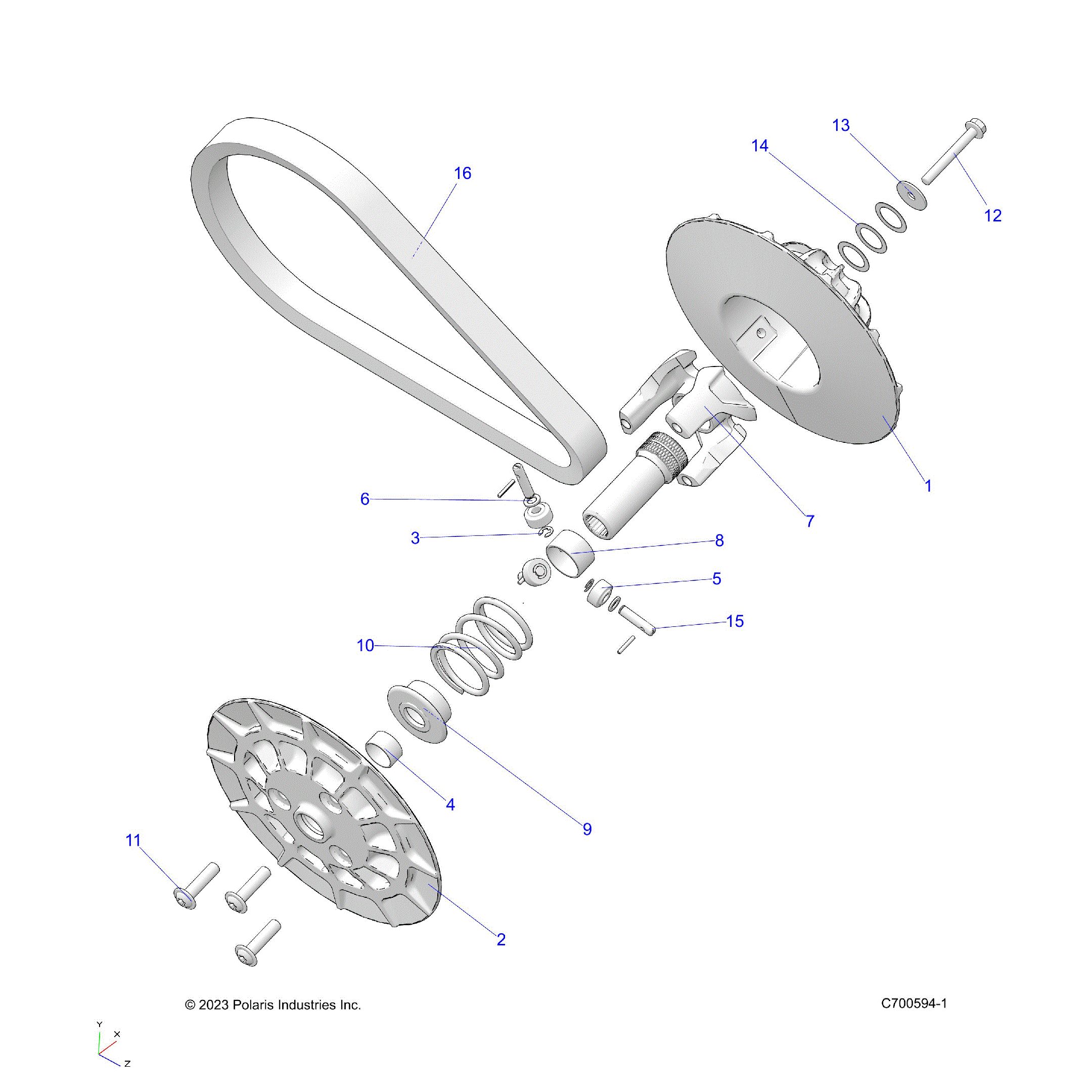 An Image of a Genuine Polaris Parts Schematic Diagram showing the schematic - DRIVE TRAIN: SECONDARY CLUTCH - 2026 POLARIS SPORTSMAN 570 6X6 EPS 49S