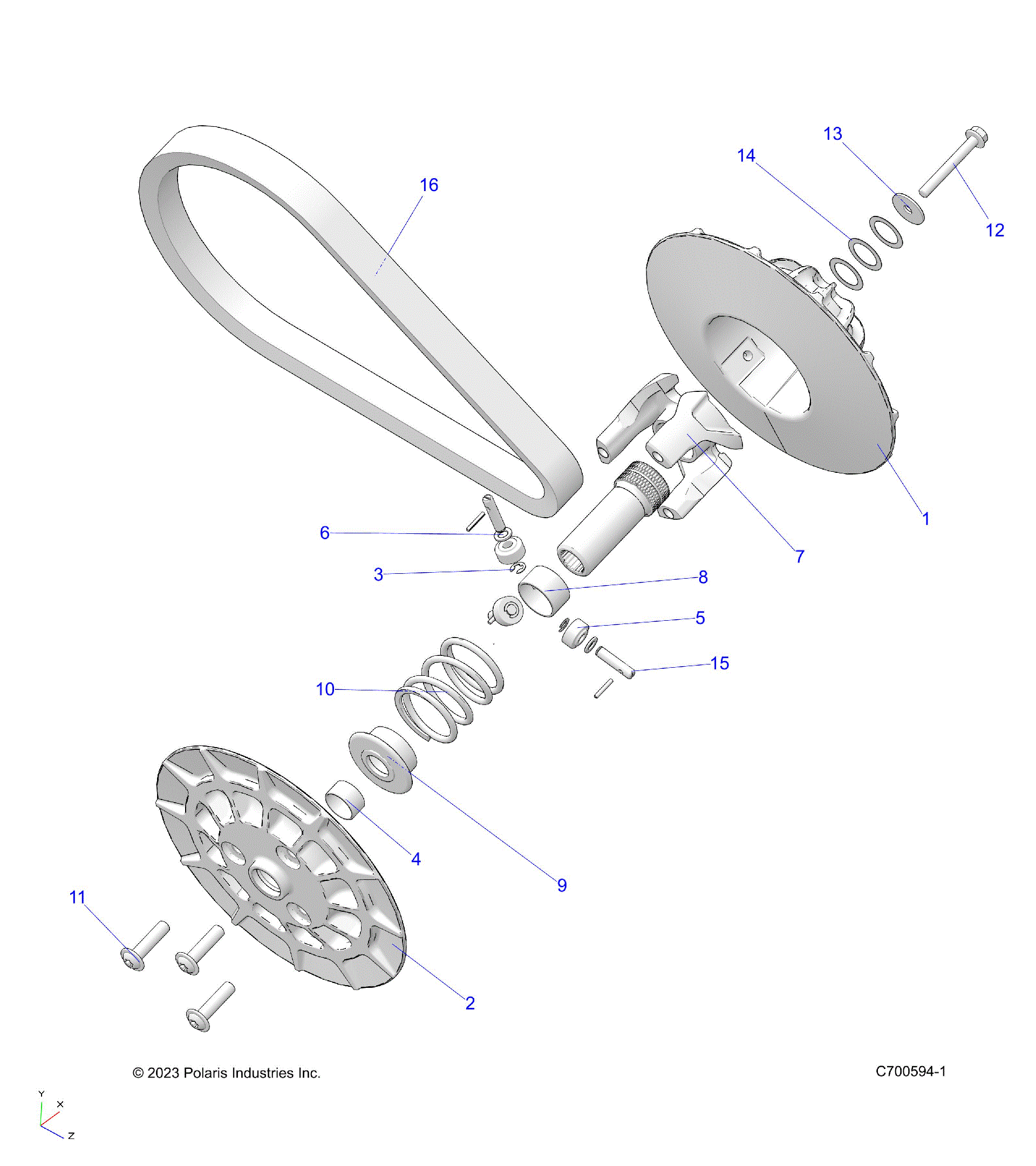 An Image of a Genuine Polaris Parts Schematic Diagram showing the schematic - DRIVE TRAIN: SECONDARY CLUTCH - 2026 POLARIS SPORTSMAN 570 EPS PREMIUM