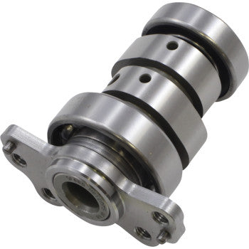 The Yamaha Camshaft Single Cam Stage 2 by Hot Cams features multiple lobes and holes, CNC billet steel construction, a four-bolt flange, and a polished machined finish for enhanced power potential.