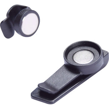 Two small, round Tube Clip Magnetic webcam covers by Uswe, made of black plastic with sliding mechanisms. One is closed for privacy; the other open to reveal the lens. Compact and easy to attach—perfect for laptops or devices in your backpack harness.