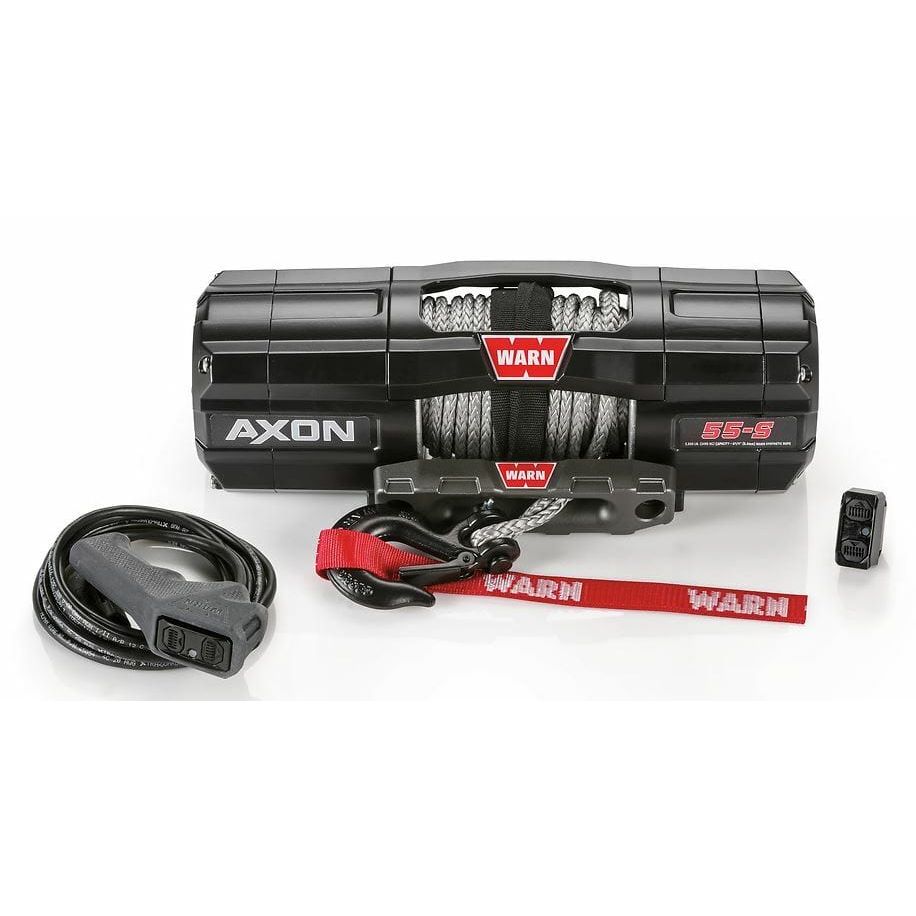 The 5500 lb. UTV/ATV Axon 55 Winch by Warn features a synthetic rope, red hook strap, remote control, and wiring, shown on a white background.