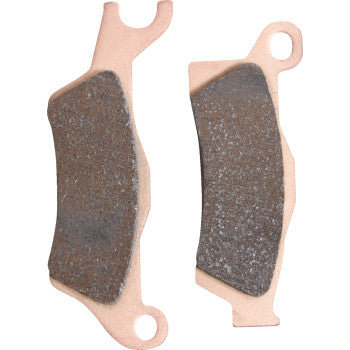 Pair of copper-colored sintered brake pads with textured dark friction material and mounting holes.