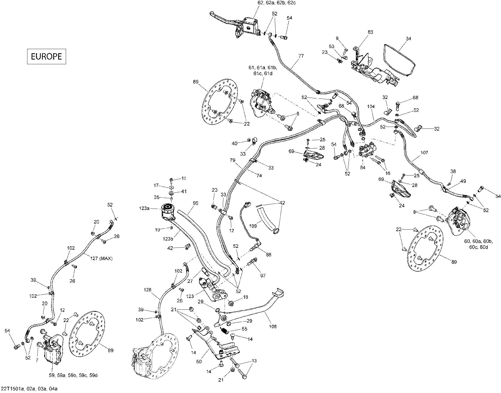An Image of a Genuine Can-Am Parts Schematic Diagram showing the schematic - BRAKES EUROPE_22T1502A