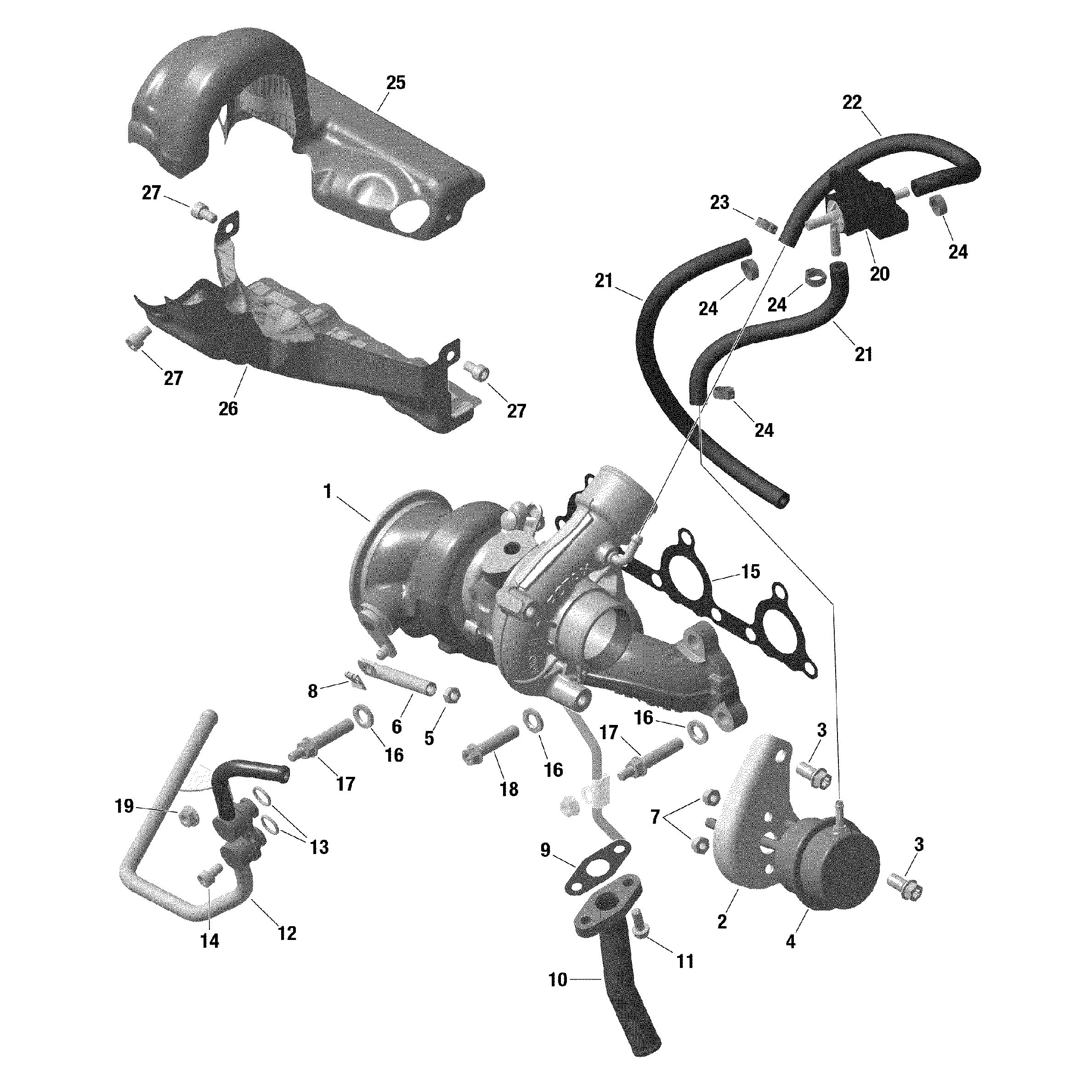 An Image of a Genuine Can-Am Parts Schematic Diagram showing the schematic - ROTAX - TURBOCHARGER - TURBO RR