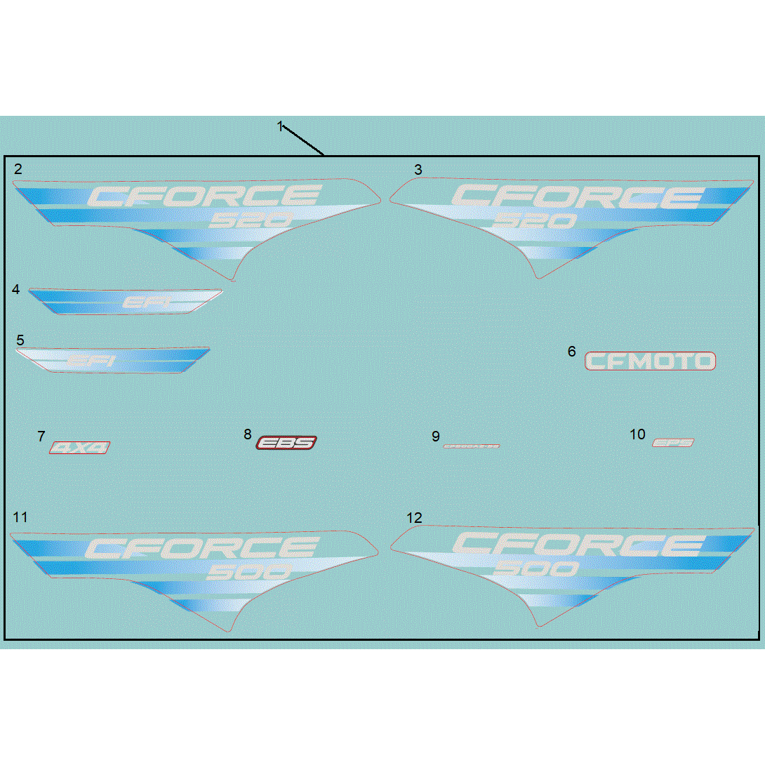 An Image of a genuine CFMOTO Parts Schematic Diagram showing the group - DECAL KIT (NA - 2023 CFMOTO CFORCE 500