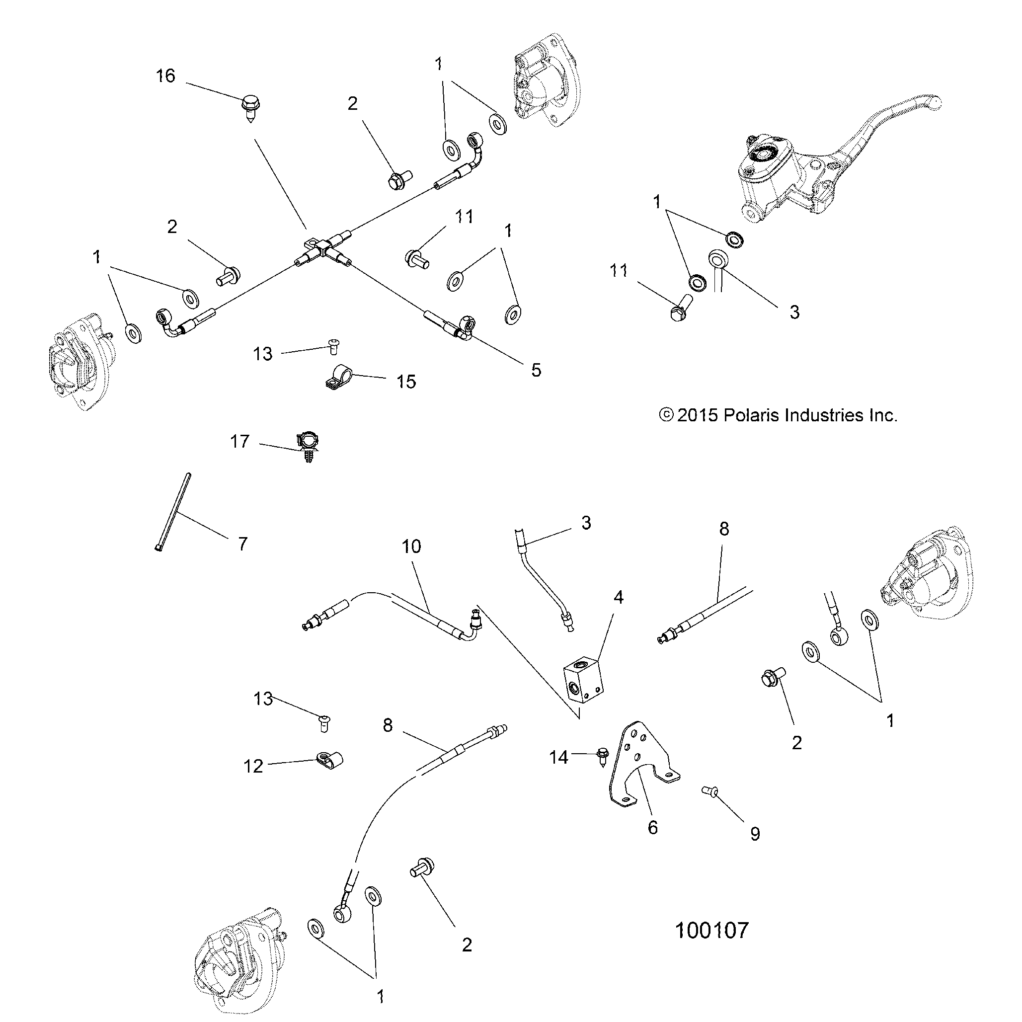 An Image of a Genuine Polaris Parts Schematic Diagram showing the schematic - BRAKES: BRAKE LINES - 2017 POLARIS SPORTSMAN 850 HIGH LIFTER