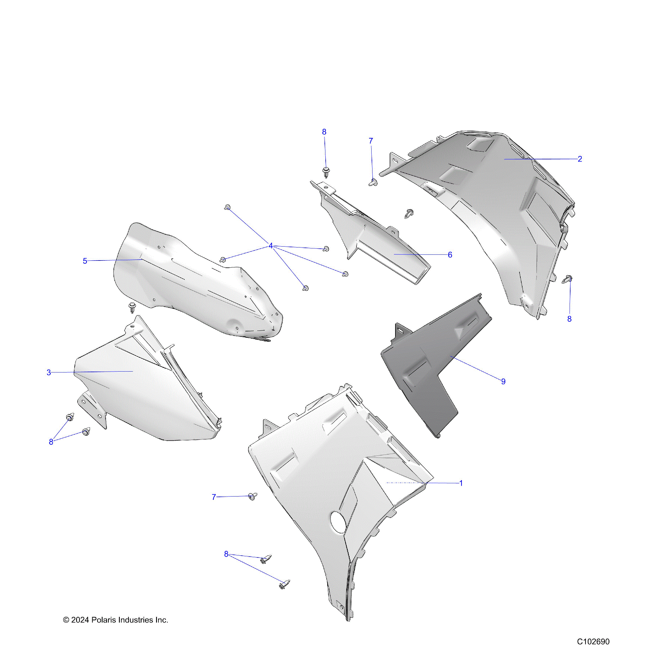 An Image of a Genuine Polaris Parts Schematic Diagram showing the schematic - BODY: SIDE PANELS - 2025 POLARIS SPORTSMAN TOURING XP 1000