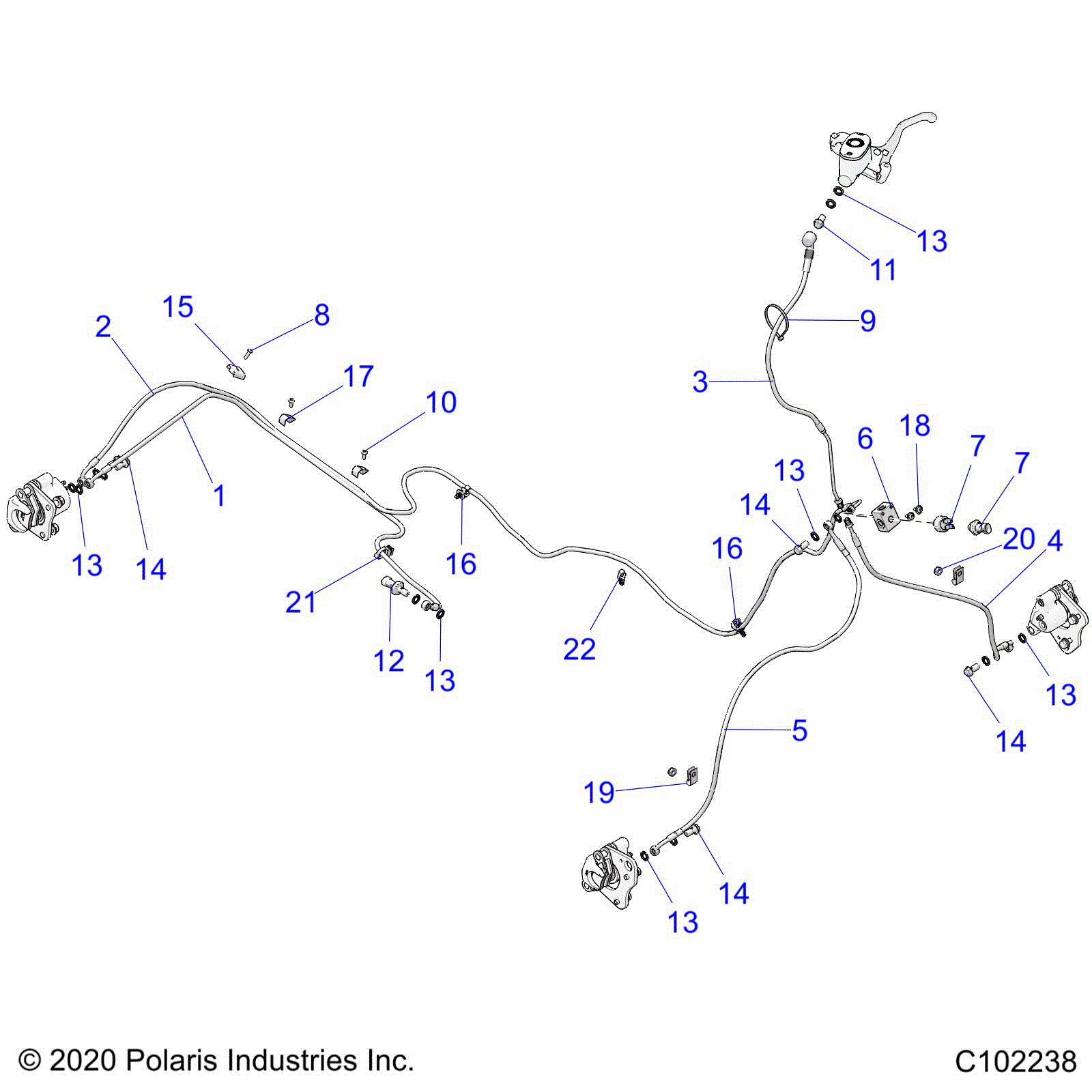 An Image of a Genuine Polaris Parts Schematic Diagram showing the schematic - BRAKES: BRAKE LINES - 2021 POLARIS SPORTSMAN TOURING 570 PREMIUM