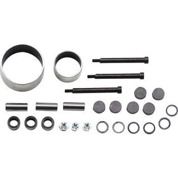 Assorted components from the Clutch Rebuild Kit by Epi, including metal rings, bolts, pins, washers, nuts, and circular discs, neatly arranged on a white background.
