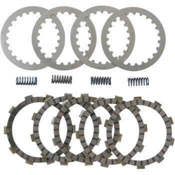 The Clutch Kit by EBC includes four metal plates, four friction plates, and four small clutch springs, all arranged on a white background.