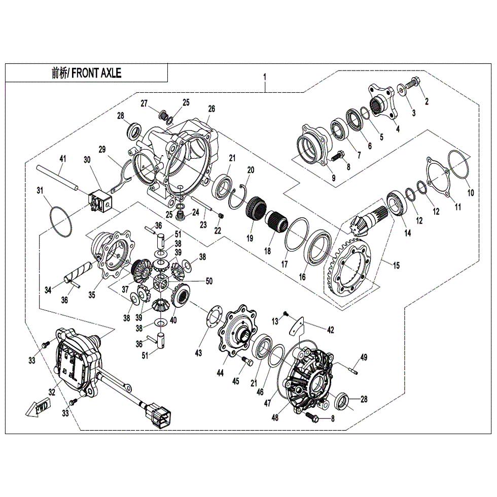 An Image of a genuine CFMOTO Parts Schematic Diagram showing the group - FRONT AXLE - 2022 CFMOTO CFORCE 600