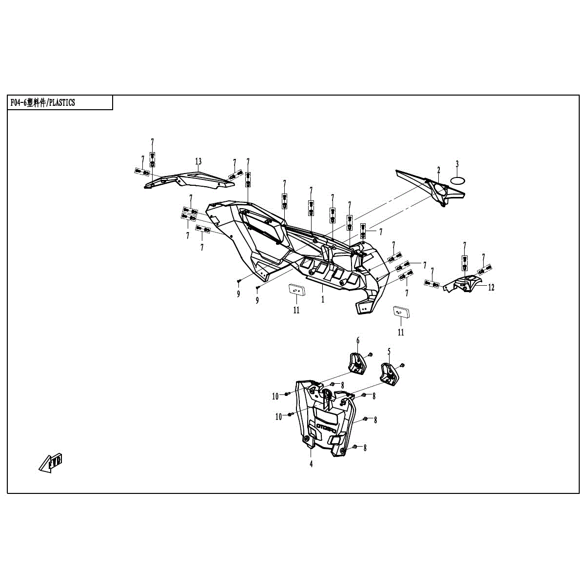 An Image of a Genuine CFMOTO Parts Schematic Diagram showing the schematic - REAR PLASTICS-2 - 2017 CFMOTO ZFORCE 800 EX