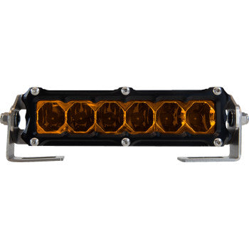 The Light Bar 6" Flood Amber by Heretic features a front view with six amber hexagonal lenses in a black casing, mounted on durable stainless steel. Perfect for dependable LED lighting in various environments.