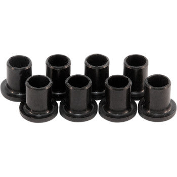 Eight small black cylindrical metal bushings with flanged bases from the A-Arm Bushing Kit Front by Epi, featuring OEM quality, are arranged in two rows on a white background—ideal for your suspension needs.