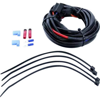A Denali SoundBomb Wire Kit, including a coiled black wiring harness, two red and two blue electrical connectors, two blue angled connectors, and four black zip ties, is displayed on a white surface.