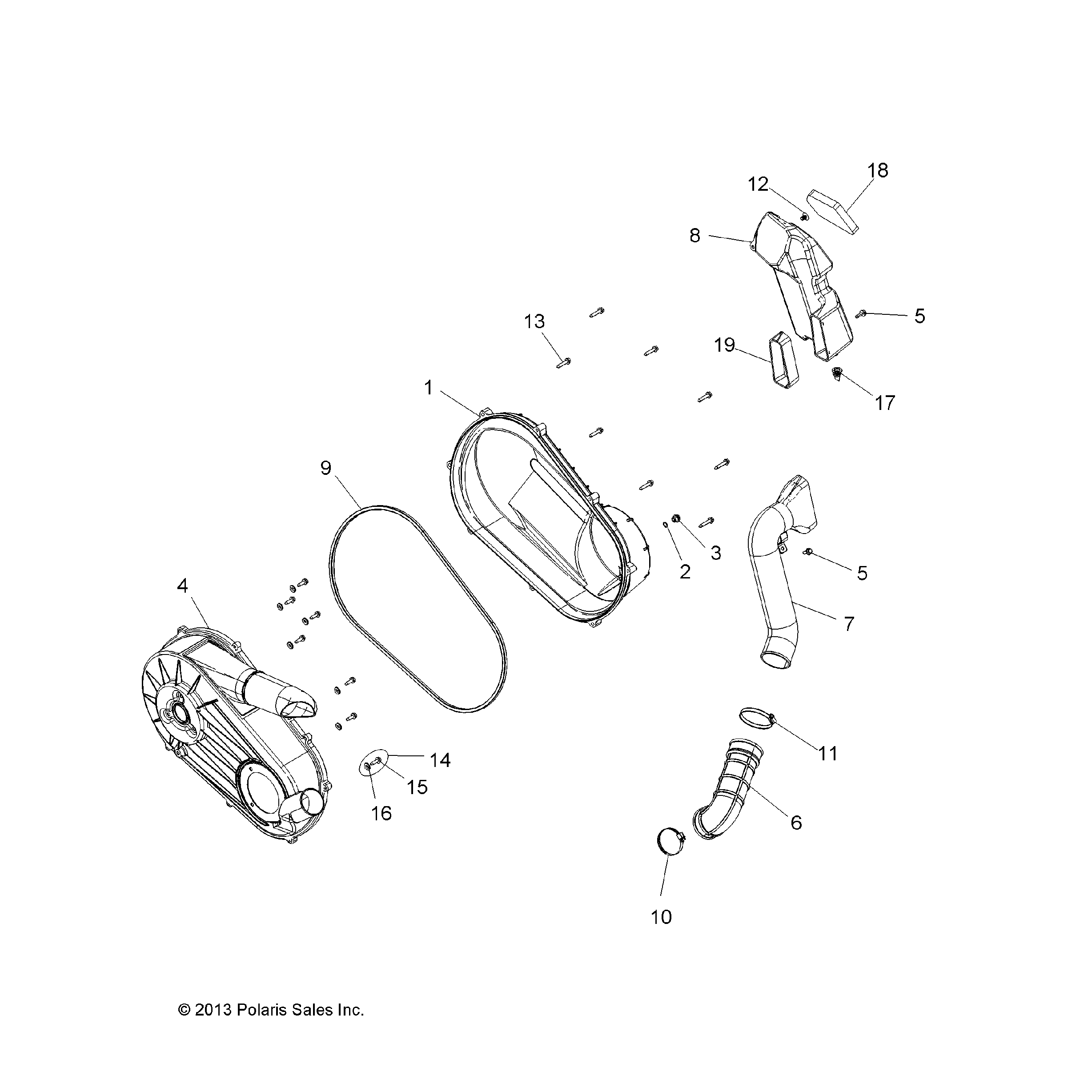 An Image of a Genuine Polaris Parts Schematic Diagram showing the schematic - DRIVE TRAIN: CLUTCH COVER AND DUCTING - 2015 POLARIS SPORTSMAN ACE 325 EFI