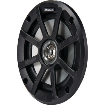 The 6 1/2" Speakers 2 Ohms by Kicker are black, round car audio speakers with a metallic center, six-spoke protective grille labeled "Kicker," and titanium tweeters for clear sound and lasting performance.