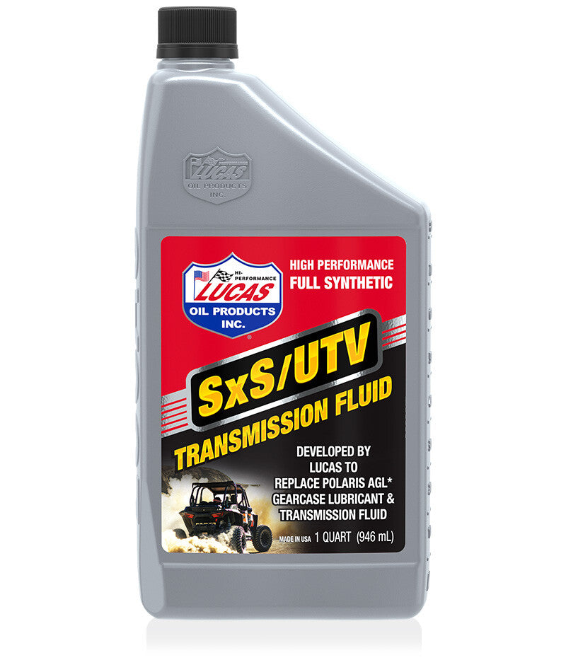 A gray 1-quart bottle of Lucas Oil SxS UTV/ATV Synthetic Transmission Oil with a red and black label featuring an off-road vehicle, designed to deliver high performance protection and extend transmission life for SXS and ATV use.