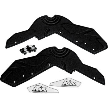 The Hand Guard Flare by Rox Speed Fx includes two black plastic angular fairing parts for wind protection, screws, and two white stickers with the Rox Speed Fx logo, displayed on a white background.