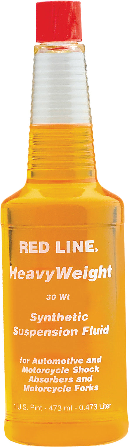 Synthetic Suspension Fluid 30W 16Oz by Red Line is an orange liquid designed for auto and motorcycle shocks and forks, with anti-wear additives to resist shock fade. Contains 1 US pint (473 mL).