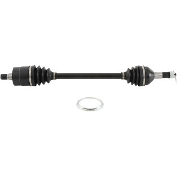 The Can Am Axle Kit Complete 8 Ball Extreme Duty Rear Left & Right Commander by All Balls features precision ball bearings, black chromoly shafts with rubber boots, and a metal ring, all displayed on a white background.