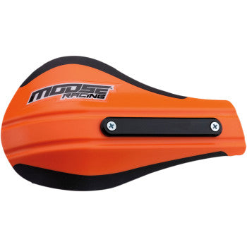 The Contour 2 Deflector Hand Guards Orange by Moose Offroad feature an injected molded polypropylene front plate, two screws, and a Moose Racing logo for easy handlebar mounting and enhanced rider protection.