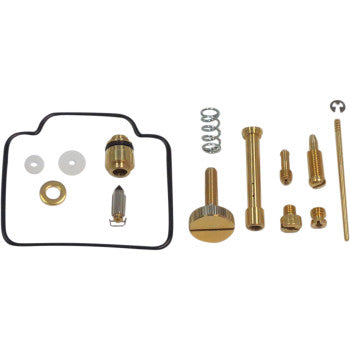 The Polaris Carburetor Repair Kit by Shindy includes brass parts, float valves, a rubber gasket, washers, springs, and screws—neatly arranged on a white background.