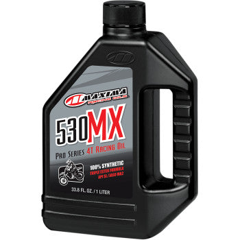 A black 1L plastic bottle of Maxima Racing Oil 530MX 4T Synthetic with a red and white label and side handle—engineered for off-road engines and superior clutch protection.