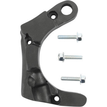 The Honda Poly Case Saver by Moose Offroad is a black metal bracket with three holes, shown with two silver bolts and nuts on a white background—this durable case component is made in the USA.