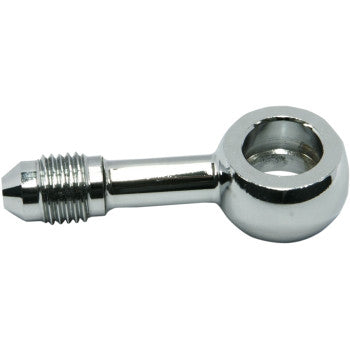 The Banjo Fitting 12 mm AN3 180° Chrome by Magnum Shielding features a threaded end and a round, hollow eyelet, making it ideal for use in hydraulic and fuel systems.