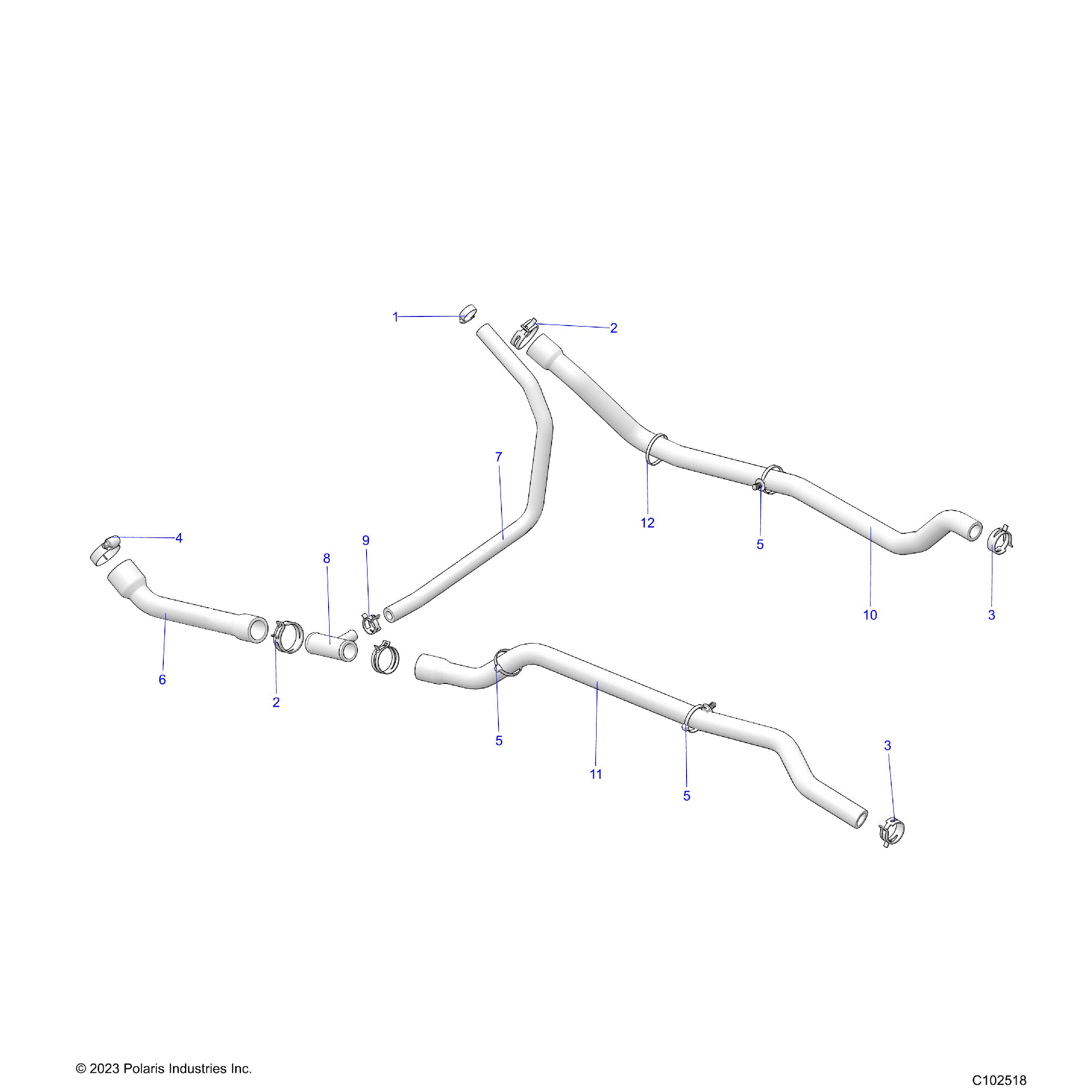 An Image of a Genuine Polaris Parts Schematic Diagram showing the schematic - ENGINE: COOLING SYSTEM HOSES - 2025 POLARIS SPORTSMAN TOURING 570