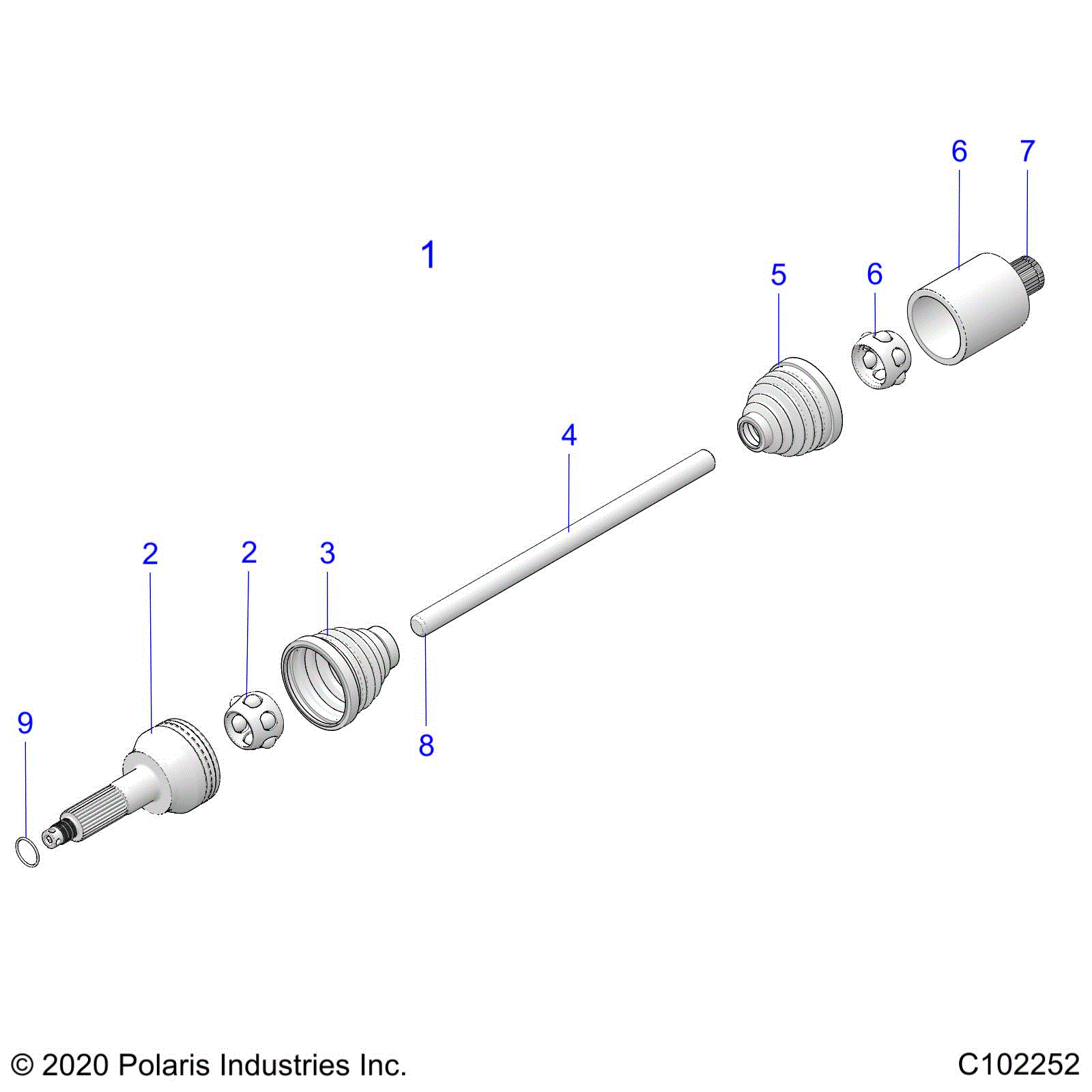 An Image of a Genuine Polaris Parts Schematic Diagram showing the schematic - DRIVE TRAIN: REAR DRIVE SHAFT - 2020 POLARIS SPORTSMAN 570 X2