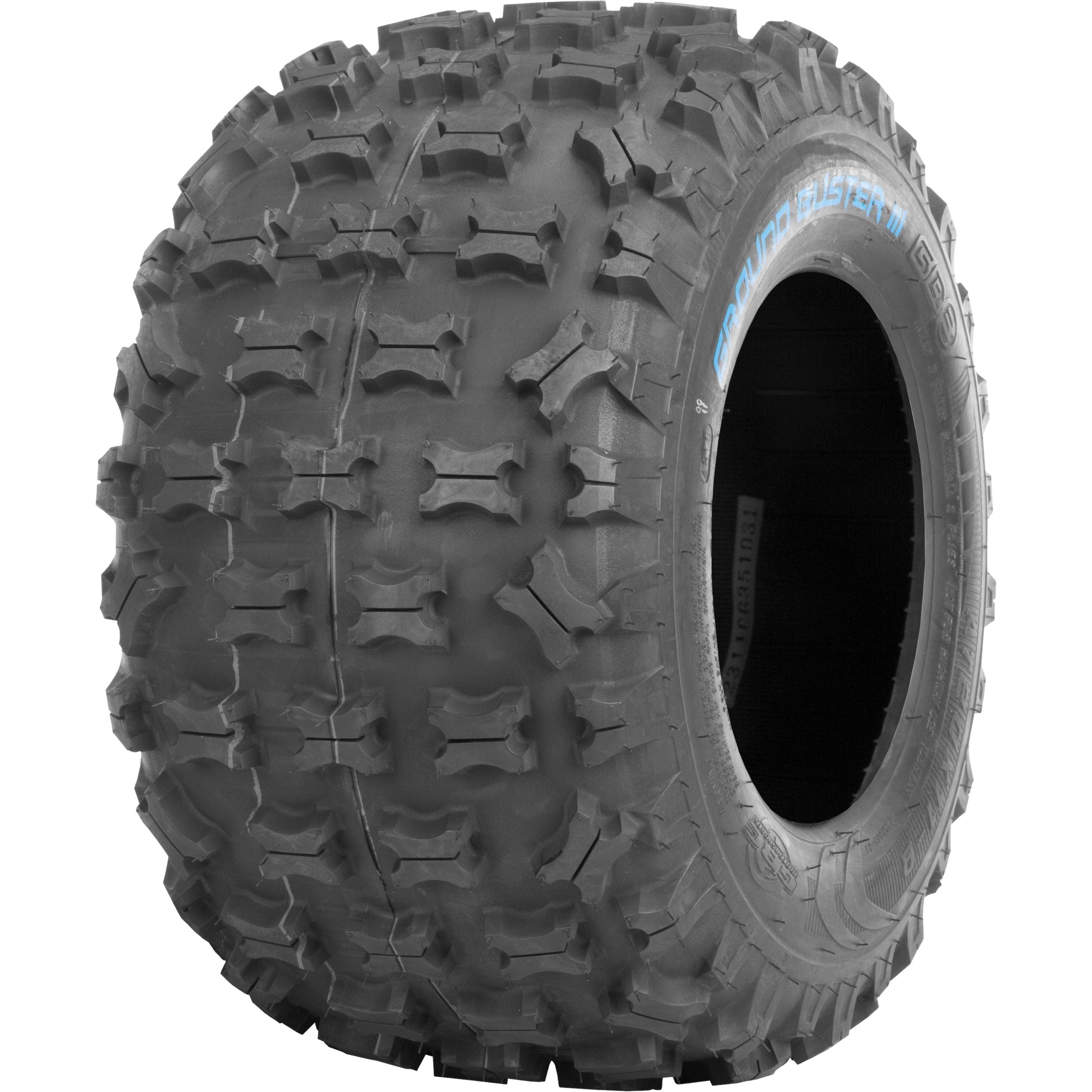 The Tire Ground Buster III Rear 20X11-9 Bias LR340Lbs by GBC is a rugged black ATV tire with deep X-knob tread for traction on rough terrain, blue sidewall lettering, and is shown upright against a white background.