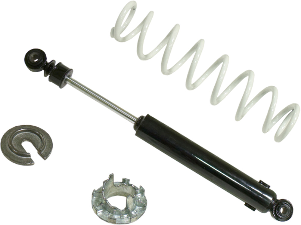 Arctic Cat UTV/ATV Front Gas Shock by Bronco features a black damper, white coil spring, and two metal mounts—perfect replacement shock absorber for your ATV or UTV suspension system.