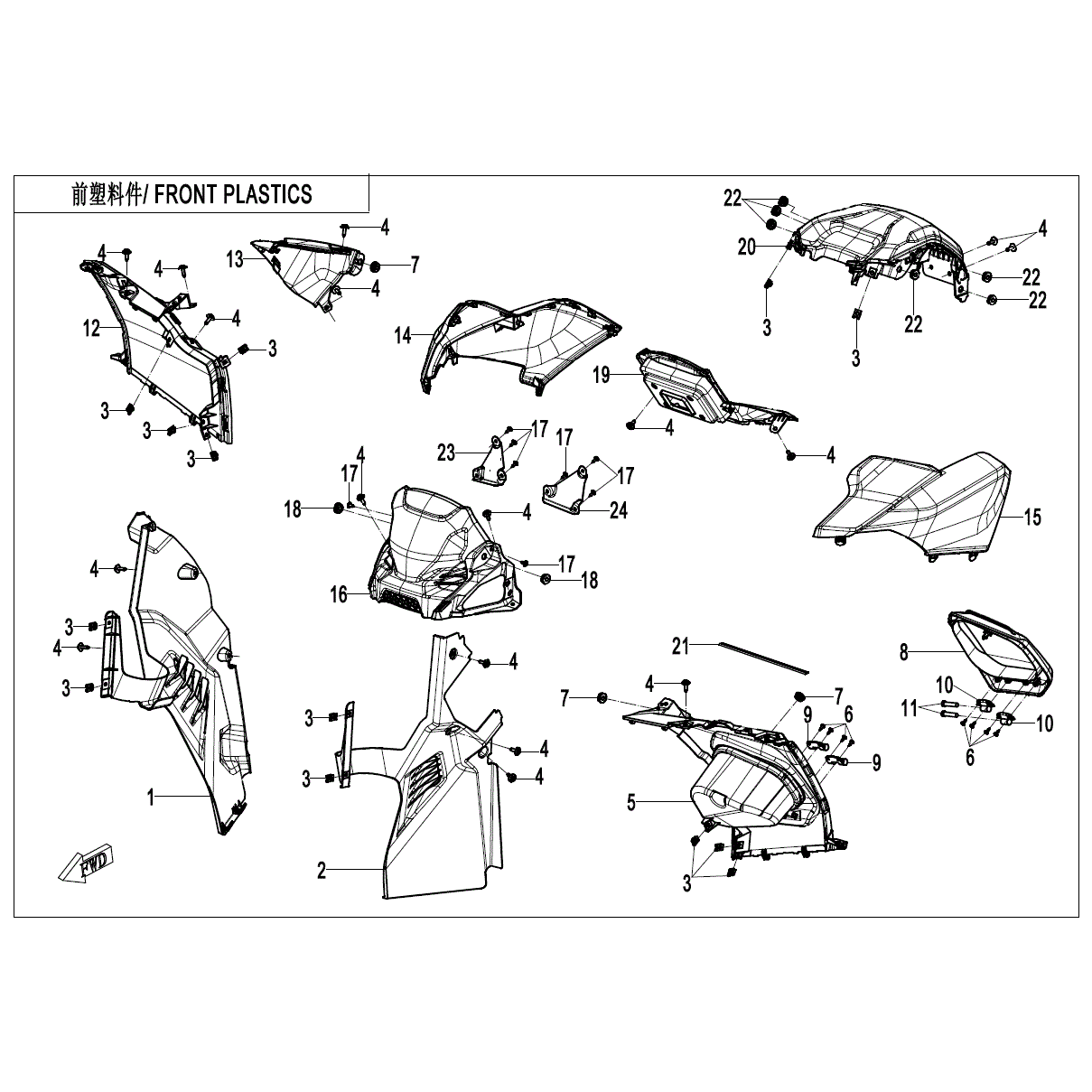 An Image of a genuine CFMOTO Parts Schematic Diagram showing the group - FRONT PLASTICS DASHBOARD - 2024 CFMOTO CFORCE 800 TOURING