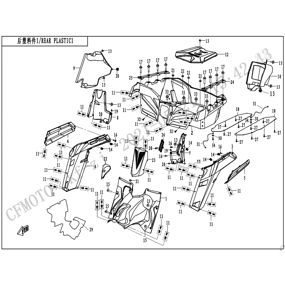 An Image of a Genuine CFMOTO Parts Schematic Diagram showing the schematic - REAR PLASTICS (1) - 2022 CFMOTO ZFORCE 800 Trail