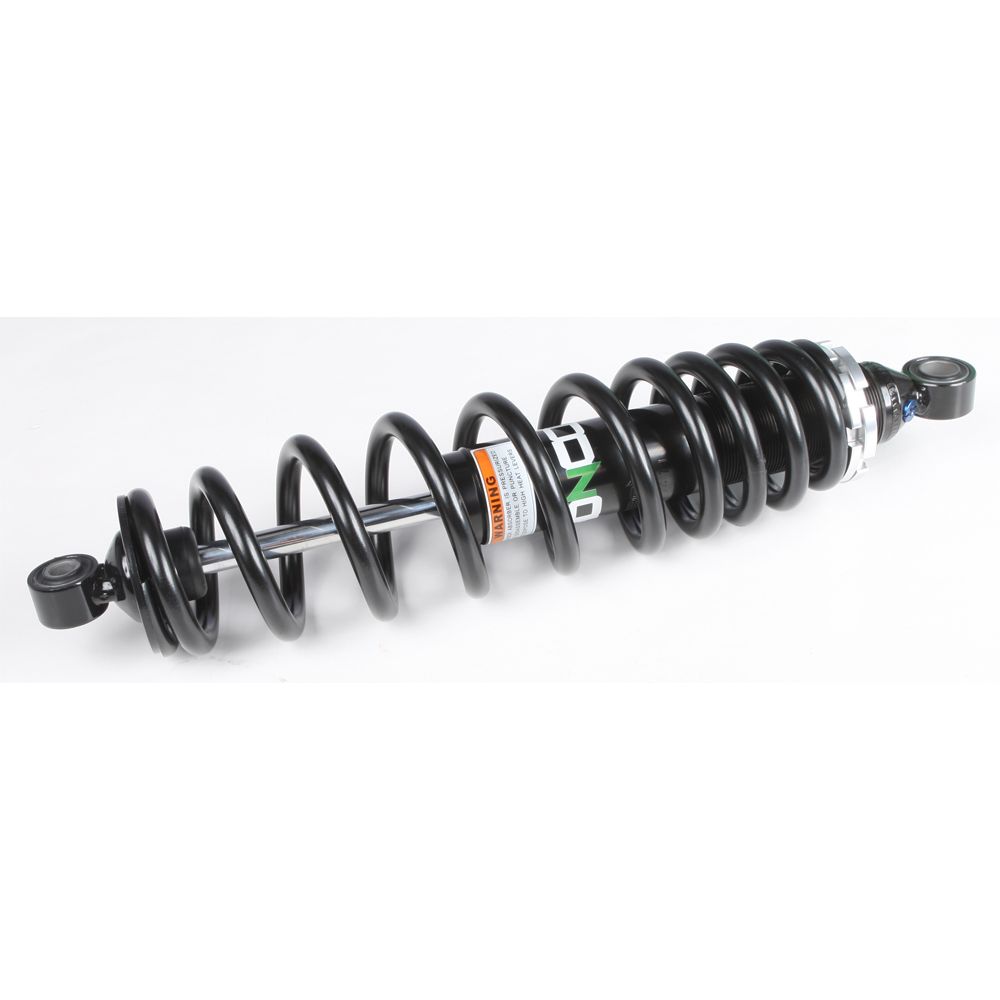A black Arctic Cat UTV/ATV Rear Gas Shock by Bronco with a large spring, mounting eyelets at both ends, and a warning label on the body is shown on a white background.