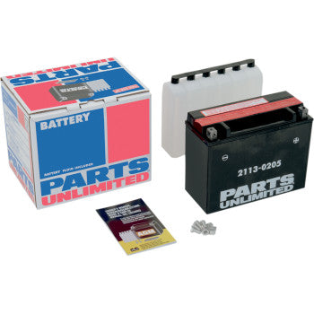 The Parts Unlimited AGM Battery YTX24HL BS kit includes an acid pack, instruction manual, screws, and comes in its original box—displayed on a white background.