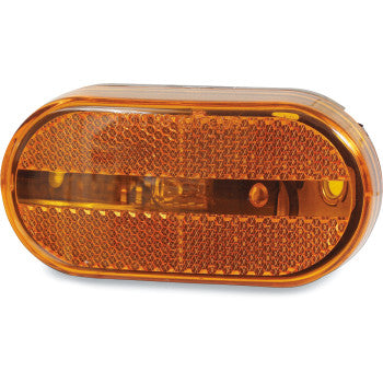 The Replacement Side Marker Amber by Optronics Inc. is an oval reflector light with a textured amber lens, a horizontal clear center strip, and easy snap-in installation for improved visibility and convenient signaling.
