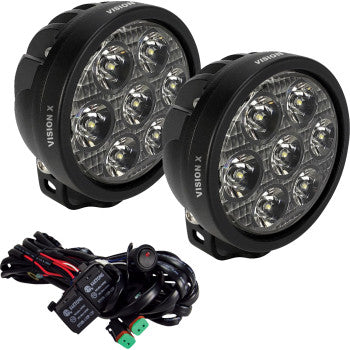 Pair of black round offroad LED spot lights with clear lens and six LED bulbs each, plus wiring harness.