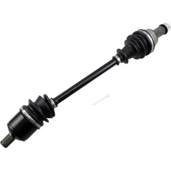 Black metal CV axle kit with rubber boots on both ends and splined shafts for offroad vehicle use.