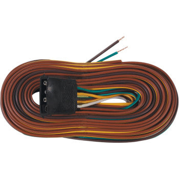 The 25' Trailer Wiring Harness 4 Way by Optronics Inc. features brown, yellow, and green wires in a split wishbone design with exposed ends and a black plastic connector, ideal for electrical or automotive applications.