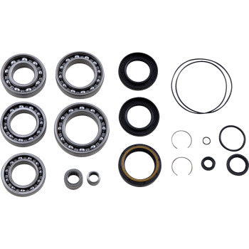 The Honda Differential Bearing Seal Kit Front by Moose Offroad includes EMQ quality bearings, rubber seals, O-rings, and metal snap rings displayed on a white background.
