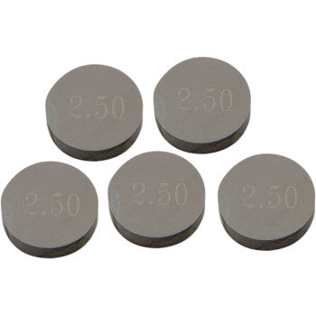 The Prox Valve Shim 9.48 mm x 2.50 mm 5 pack includes five precision-machined metal discs, each engraved with "2.50" for durability and arranged in a staggered pattern.
