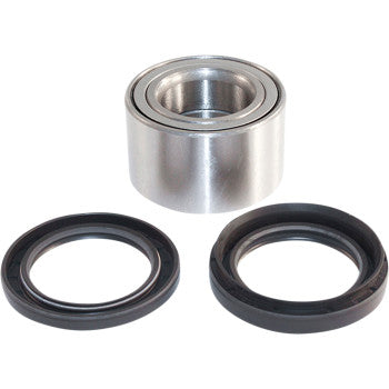 The Suzuki KingQuad Wheel Bearing Kit Front by Epi is displayed on a white background, featuring a metal wheel bearing and two black rubber seals—essential components included in the kit.