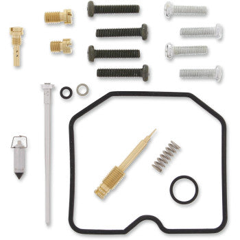 The Kawasaki Carburetor Repair Kit by Moose Offroad includes screws, NBR rubber gaskets, O-rings, a needle valve, jets, a spring, and a zip tie arranged neatly on a white background.
